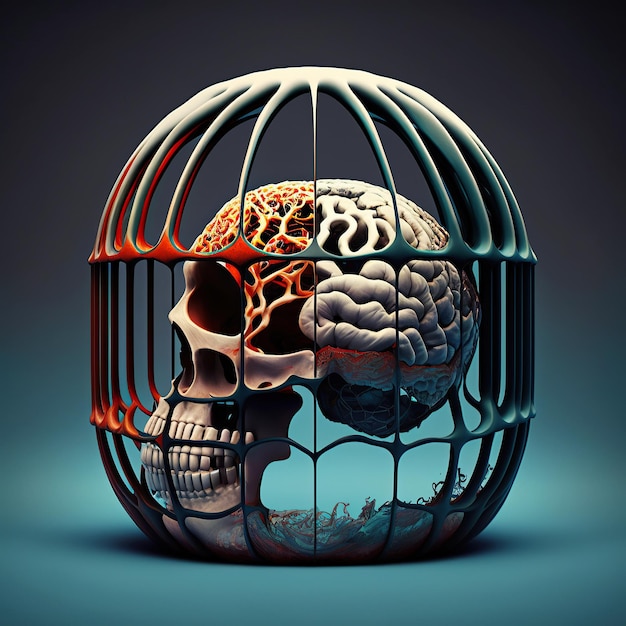 Ai generó una ilustración de un cráneo encerrado en una jaula de pájaros