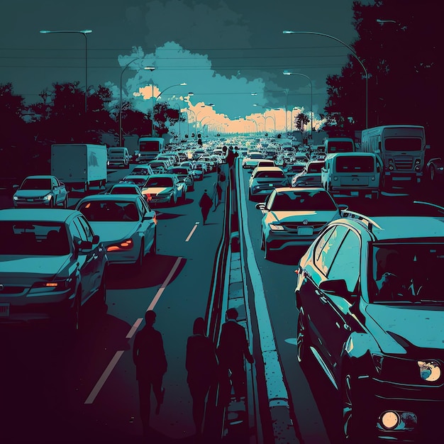 Ai generó una ilustración de un gran atasco de tráfico y humos contaminantes.