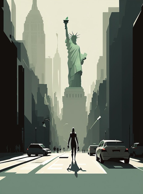 Ai generó ilustración horizonte de la estatua de la libertad de la ciudad de nueva york con gente caminando en la calle