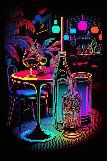 Foto ai generó una ilustración del interior de un bistró o un bar decorado con luz de neón