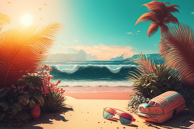 Ai generó una ilustración de una isla tropical con gafas de sol de playa y altavoz portátil