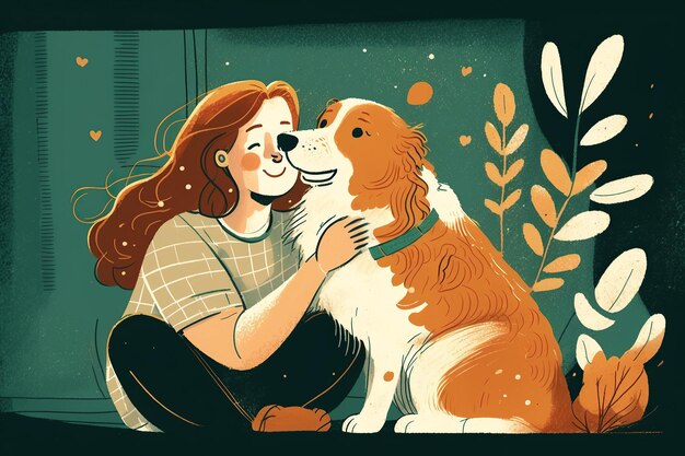 Foto ai generó ilustración joven abrazando a un cachorro con amor acogedora y relajante amistad entre el hombre y la mascota