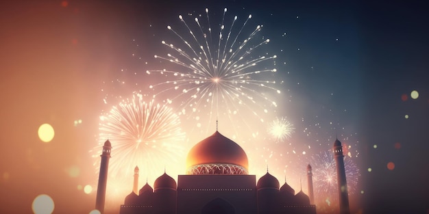 Ai generó una ilustración de la mezquita musulmana con hermosos fuegos artificiales