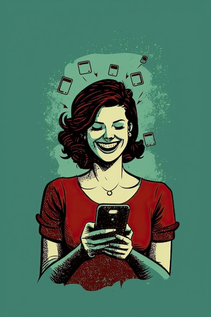 Ai generó una ilustración de una mujer de negocios mirando un teléfono móvil inteligente