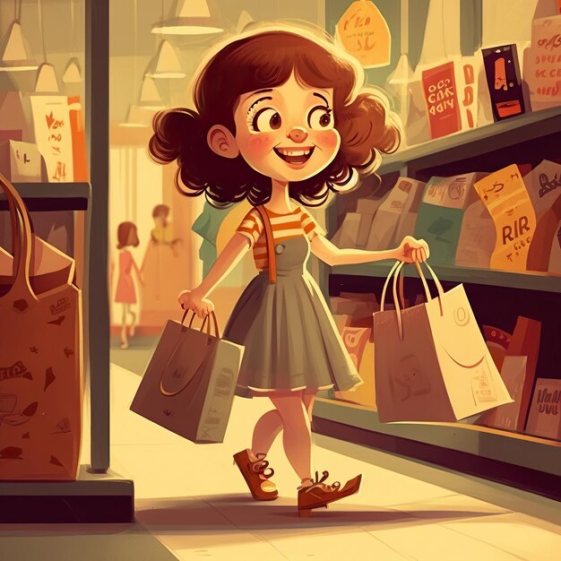 Foto ai generó ilustración niña feliz con bolsa de compras