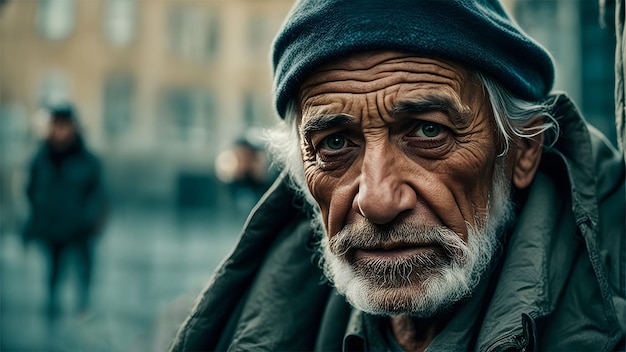 Ai generó una ilustración del retrato de un viejo mendigo cansado con la cara arrugada de un anciano agotado sin hogar.