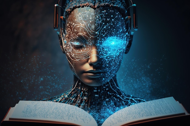 Ai generó ilustración robot humanoide libro de lectura