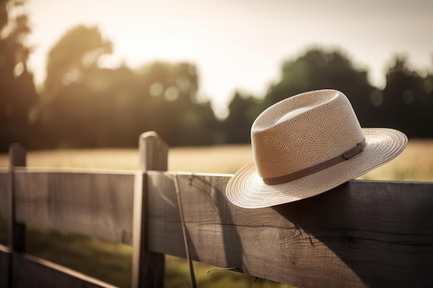 Ai generó una ilustración de un sombrero de paja en una valla de madera al sol con árboles en el fondo