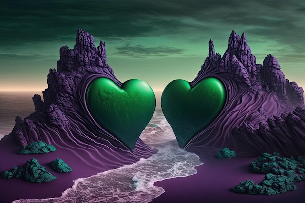 Foto ai generó una ilustración de stock de 2 corazones verdes en 2 colinas escocesas generativo ai fondo de amor funky