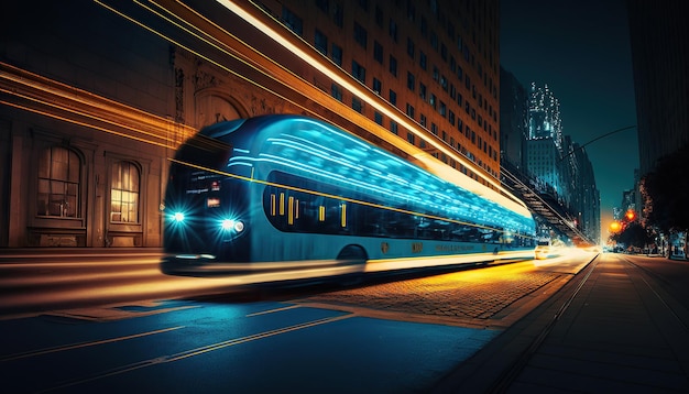Ai generó una ilustración de taxis futuristas azules en la carretera conduciendo en la ciudad futurista