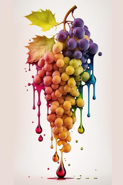 Ai generó ilustración uva goteando con salpicaduras de pintura de colores y gotas sobre un fondo blanco