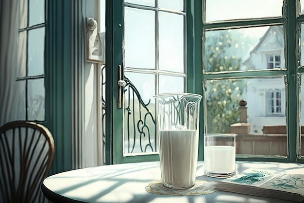 Ai generó una ilustración de un vaso de leche sobre una mesa de madera