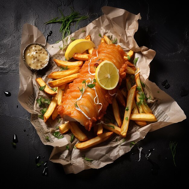 AI generó una imagen de pescado frito crujiente con papas fritas servidas en una mesa de madera en el fondo abstracto