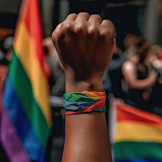 AI generó una mano negra con un brazalete con los colores de la bandera del arcoíris y un puño levantado