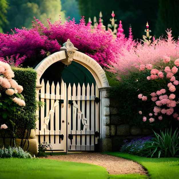 Ai generó una pintura fotográfica de una puerta de jardín con rosas rosadas.