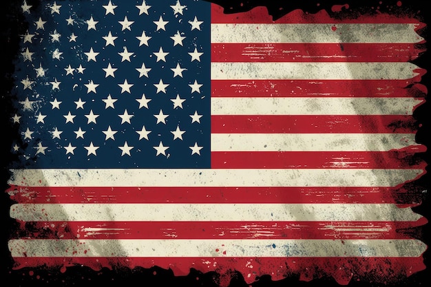 AI generó el primer plano de la bandera estadounidense oscura vintage grunge que sopla viento en el día de la independencia de EE. UU.