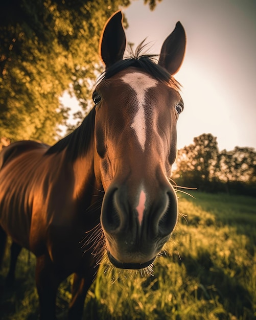 AI generó un primer plano de un caballo mirando a la cámara en un prado al atardecer