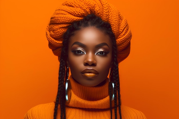 Ai generó el retrato de una hermosa mujer africana de piel oscura en fondo de color