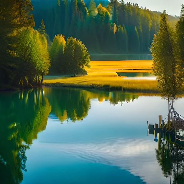 Ai generó un río natural con una puesta de sol de fondo.