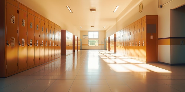 Foto ai gerada ai generativa luz do dia sala ensolarada corredor corredor na escola ou faculdade com muitos armários