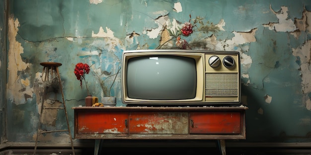 AI Gerada AI Generativa Vintage retro velha caixa de televisão antiga perto da parede