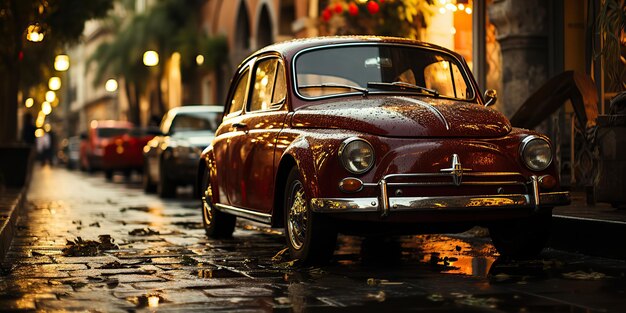 AI Gerado AI Generative Clássico retro vintage nostalgia carro Fiat 500 em pequena Itália à noite rua cidade Arte gráfica