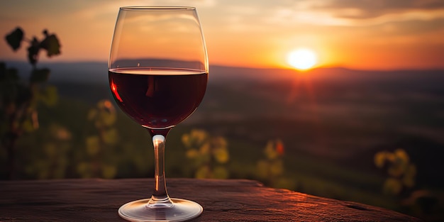 AI gerado AI Generative Glass de vitória vermelha em uma mesa de madeira na natureza ao ar livre