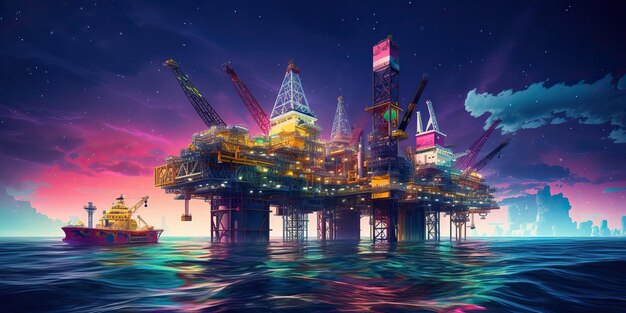 AI gerado AI Generative Mar oceano náutico marinho perfuração offshore estação de plataforma de petróleo e gás ilustração de arte gráfica