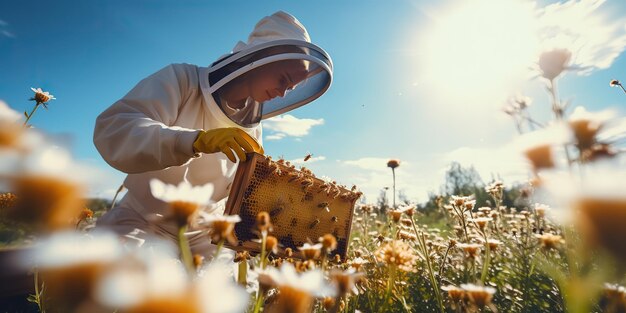 Foto ai gerado ai generative nature ao ar livre detentor de cerveja homem pessoa favo de mel coletando flores