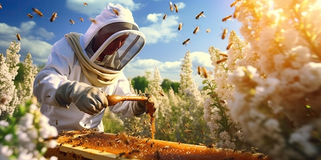 AI gerado AI Generative Nature ao ar livre detentor de cerveja homem pessoa favo de mel coletando flores