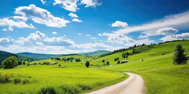 AI gerado AI Generative Nature paisagem ao ar livre fundo com colina campo de montanha prado campo e estrada ilustração de arte gráfica