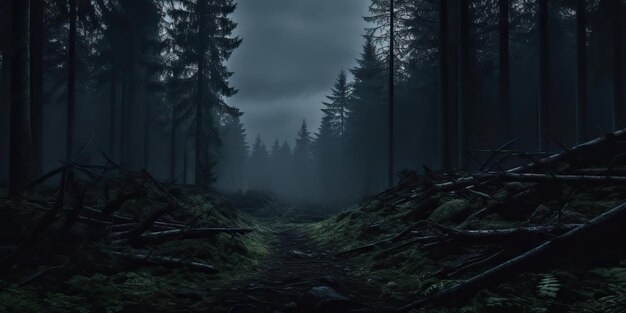AI Gerado AI Generative Névoa mágica névoa noite floresta escura árvore selva paisagem fundo natureza assustadora aventura ao ar livre explorar estilo de viagem vibração arte gráfica ilustração