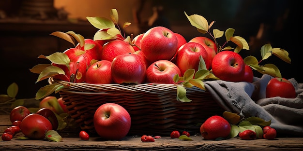 AI gerado AI Generative outono outono maçãs vermelhas orgânicas frescas em cesta de madeira ilustração de arte gráfica