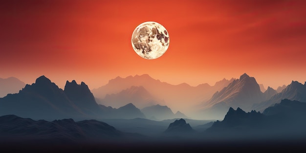 AI gerado AI Generative paisagem ao ar livre de natureza minimalista com montanhas, colinas e lua cheia em estilo retro vintage vermelho ilustração de arte gráfica