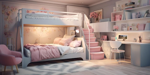 AI gerado AI Generative Sofr cores rosa quarto de meninas decoração interior aconchegante