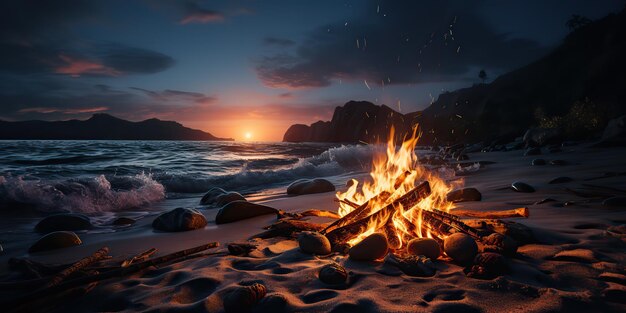 AI Gerado AI Generative Sunset à noite noite fogueira fogueira de acampamento madeira de fogo na costa do oceano