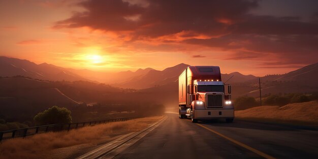 Ai gerado ai generative truck auto mobile no estacionamento rodoviário com pôr do sol no campo