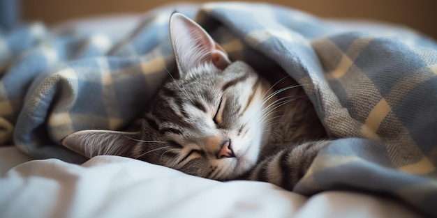 Ai gerado ai generativo aconchegante gato engraçado dormindo sob cobertor quente casa frio fundo arte gráfica ilustração