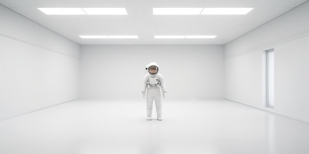 Foto ai gerado ai generativo astronauta em sala branca vazia aventuras espaciais mínimas vista de terno