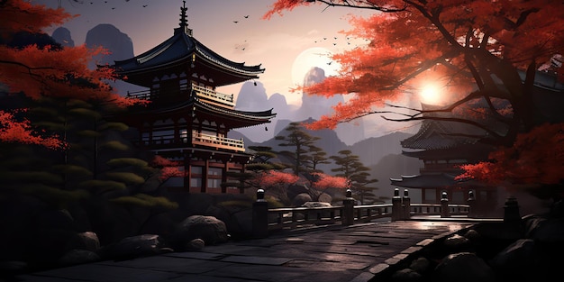 AI Gerado AI Generativo História tradicional asiática japonesa chinesa edifício de templo torre jardim natureza fundo ao ar livre Arte gráfica Ilustração