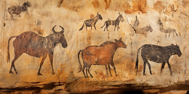 AI Gerado AI Generativo Primitivo história de pedra parede de caverna desenho arte de animais de caça