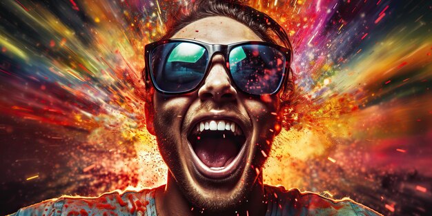 AI Gerado AI Generativo Vibrante multi-cor explosão holi pó boom com bonito retrato de homem em óculos de sol Ilustração de arte gráfica