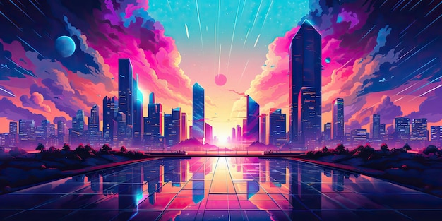 AI Gerado AI Generativo Vintage rosa retro roxo vaporwave synthwave cidade da cidade