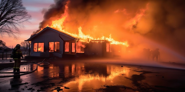 AI gerado AI gerador de incêndio bombeiro colocar água no fogo casa de chama herói motivacional