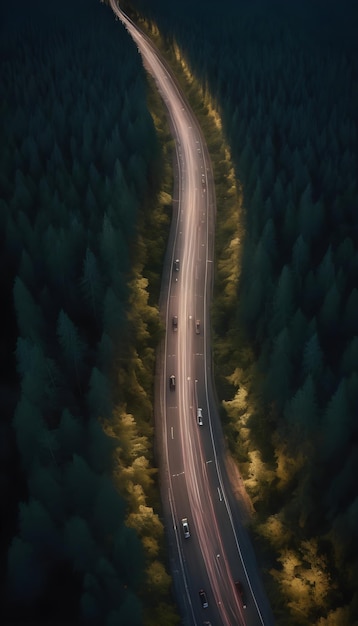 Foto ai gerado ai gerativo minimalista foto-realista estrada floresta vista aérea papel de parede