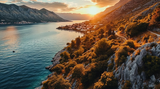 AI gerativa Allure costeira tiro aéreo de drone pôr-do-sol vistas panorâmicas da baía altamente detalhadas