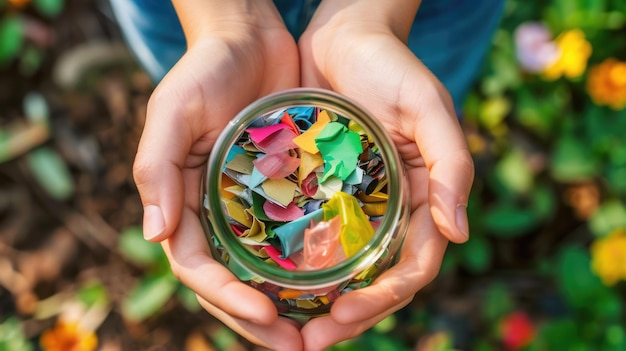 AI gerativa close-up de mãos segurando um frasco de vidro cheio de materiais reciclados coloridos