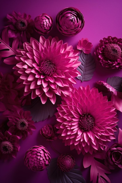 AI gerativa Corte de papel, artesanato, flores e folhas, cor viva magenta, origami floral, textura vertical, fundo, humor de primavera, efeito fotorrealista