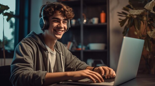 AI gerativa Cute menino alegre em fones de ouvido rindo e jogando jogo no laptop enquanto sentado em