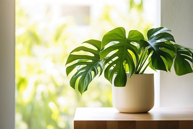 Ai gerativa Monstera deliciosa planta em um pote dia de luz dia ensolarado